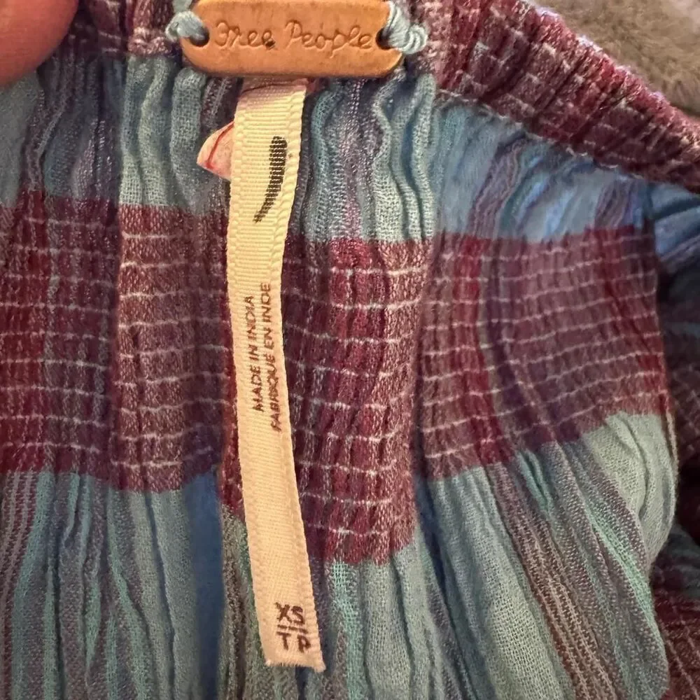 Free People smocked off shoulder plaid peplum peasant top with tie front Sz XS